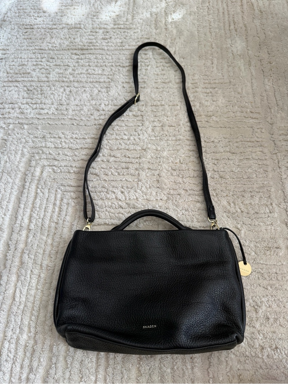 Skagen Black Pebbled Leather Satchel Crossbody Top Handle Shoulder Bag
